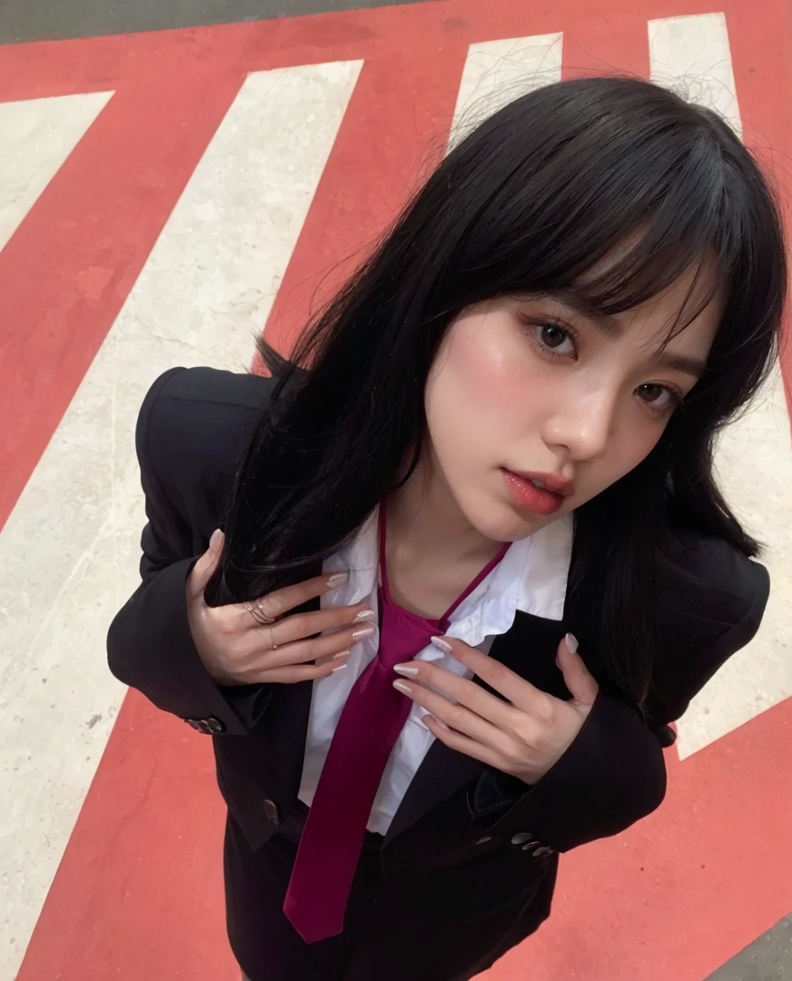 Jennie kim, black hair, straight, pale skin, large eyes, full lips, doll lips.