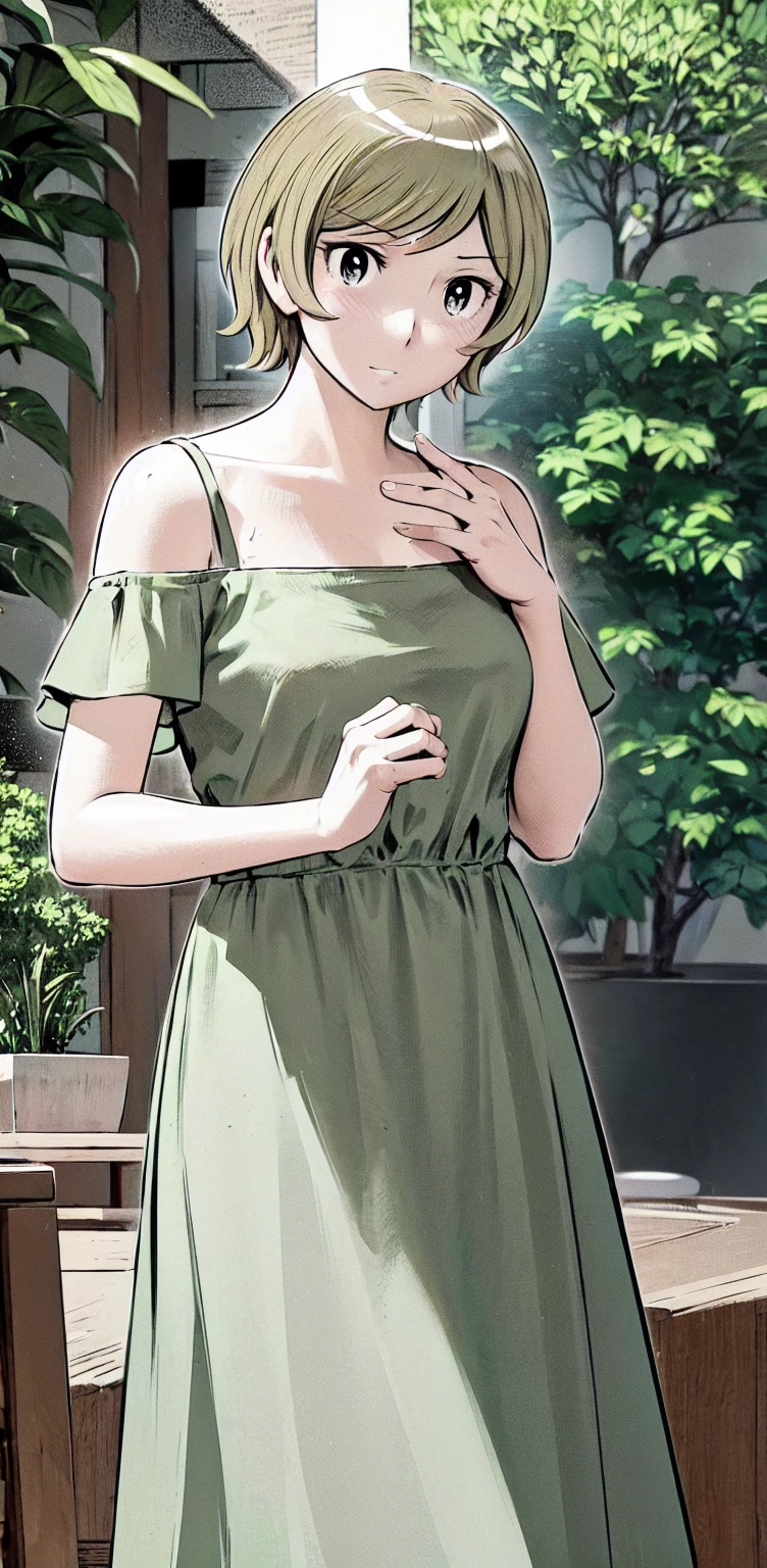 、(masterpiece、Highest quality)、Highest quality, Ultra-high resolution, (((masterpiece))), alone, Sweat、Big eyes,Show Viewer, 
blonde,(short hair:1.2), (Highest quality:1.3),One Girl,Private Server、Floral dress、nature、Off the shoulder、Embarrassed face