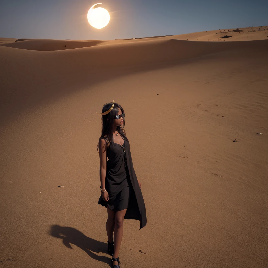 A black angel in the middle of the desert, during an eclipse, character in the center of the image