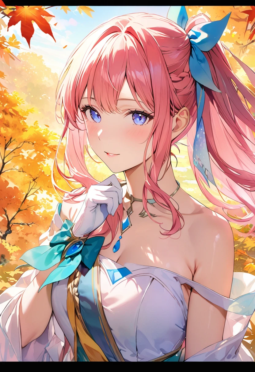 (8K, Highest quality, masterpiece:1.2),(Highest quality:1.0), (Ultra-high resolution:1.0), watercolor, Beautiful woman, shoulder, Hair Ribbon, Agnes Cecil, Half Body Portrait, Very bright and luminous design, pastel colour, (ink:1.3), Autumn Light,