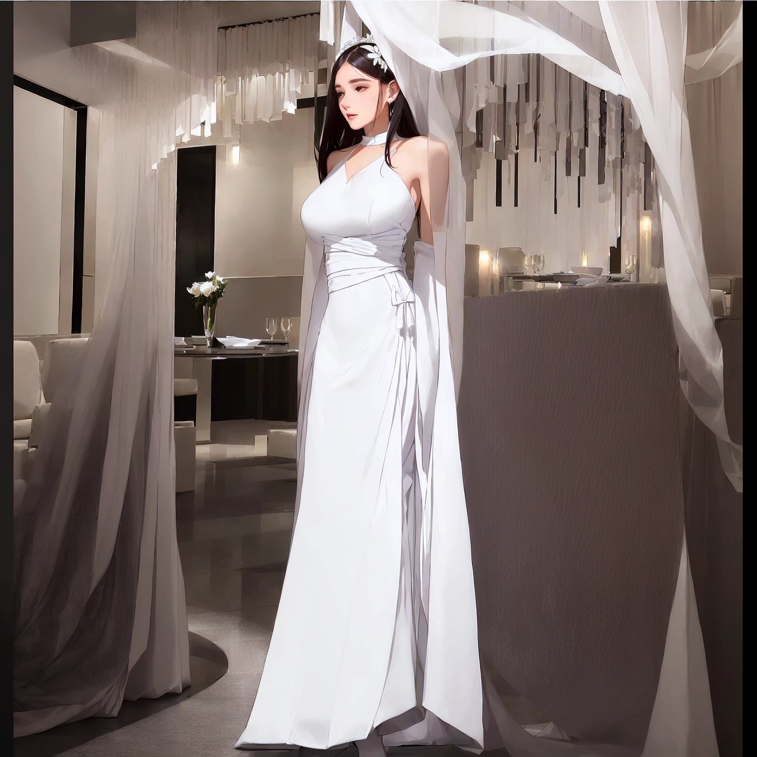 araffe woman in a white dress standing in a restaurant, white gown, sexy gown, long white dress, wearing long gown, full body white dress, in a long white dress, wearing white dress, elegant white dress, wearing a white flowing dress, wearing an evening gown, wearing an elegant dress, beautiful long white dress, wearing along white dress