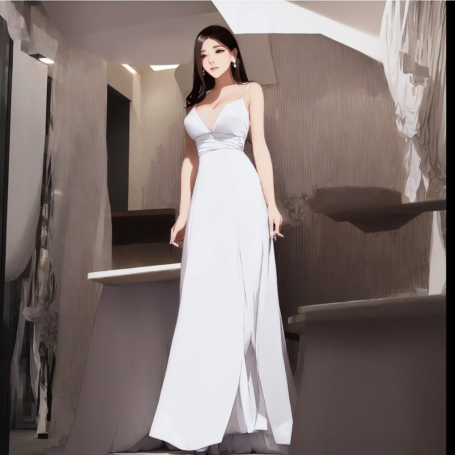 araffe woman in a white dress standing in a restaurant, white gown, sexy gown, long white dress, wearing long gown, full body white dress, in a long white dress, wearing white dress, elegant white dress, wearing a white flowing dress, wearing an evening gown, wearing an elegant dress, beautiful long white dress, wearing along white dress