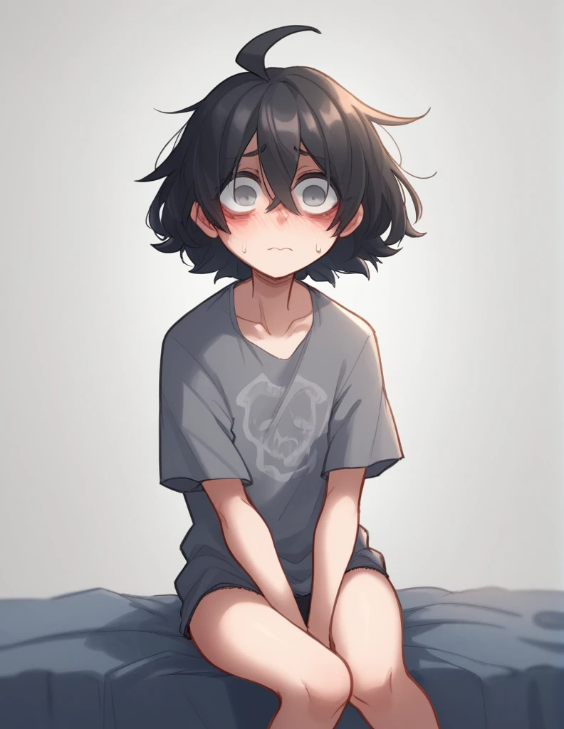 1 girl, alone, ppka, black hair, short hair, messy hair, Ahoge, parts, grey eyes, empty eyes, parts, parts en todo el cuerpo ciego, underwear, big shirt, black panties, very nervous, blushing, sitting with arms raised 