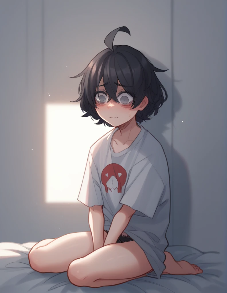 1 girl, alone, ppka, black hair, short hair, messy hair, Ahoge, parts, grey eyes, empty eyes, parts, parts en todo el cuerpo ciego, underwear, big shirt, black panties, very nervous, blushing, sitting with arms raised 