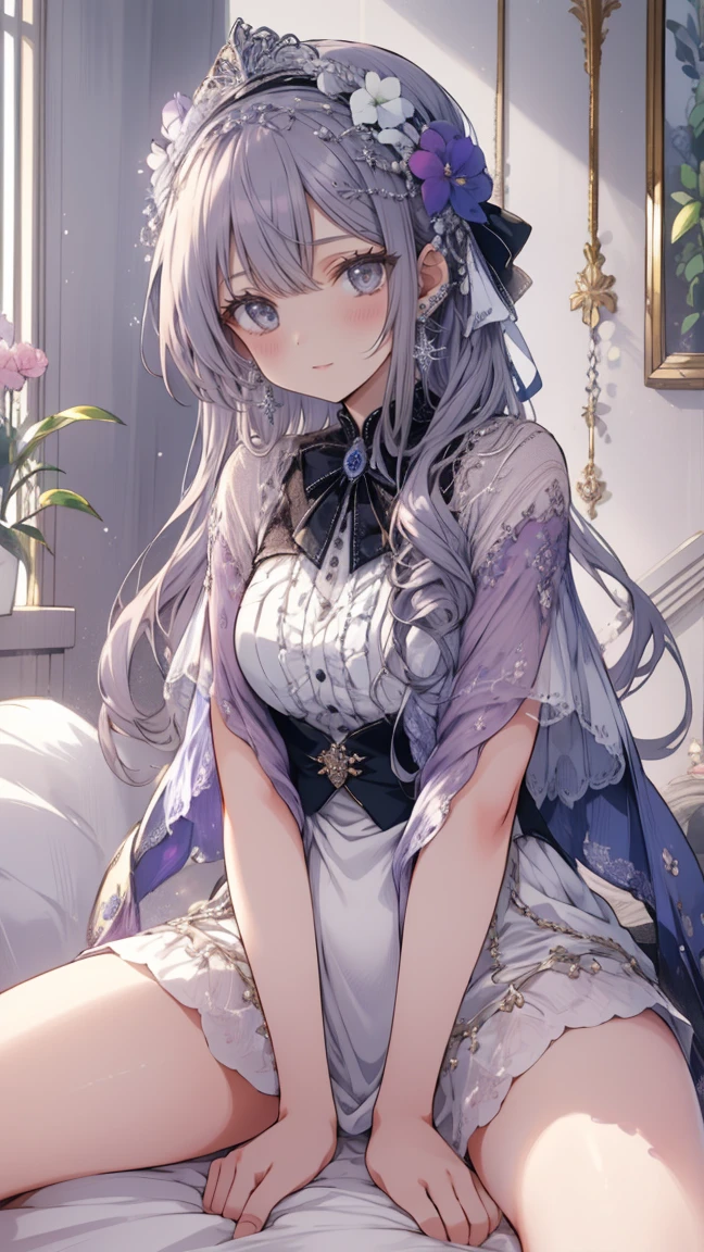 (最high quality,4K,8K,High resolution,masterpiece:1.2),Super detailed,Vibrant colors,Soft Shadows,Beautiful brushwork,Attention to detail,perfect render,rich skin tone,Expressive eyes,Captivating Expressions,Golden shades,Gears in the background, with long, curly light grey hair, Blue-purple robot eyes, A headband decorated with pearls and violet camellias, White shirt, Floral dark blue hemline、最high quality, High resolution, Very detailed, Detailed Background, Perfect lighting、masterpiece、Best image quality、最high quality、girl , (cryin) , independent , Looking into the camera, masterpiece, Anime art style, Cute Characters, Most detailed, high quality、((cry)))、(missionary, 1boy, penis, lying, vaginale, ass pov, spread legs, Sex, nsfw)、nose blush、steam、Shiny Hair、Very fine and beautiful bright eyes、Very detailed, clear and beautiful face, Awards, Anatomically correct、((missionary position,man on top, spread legs))、((Scared))