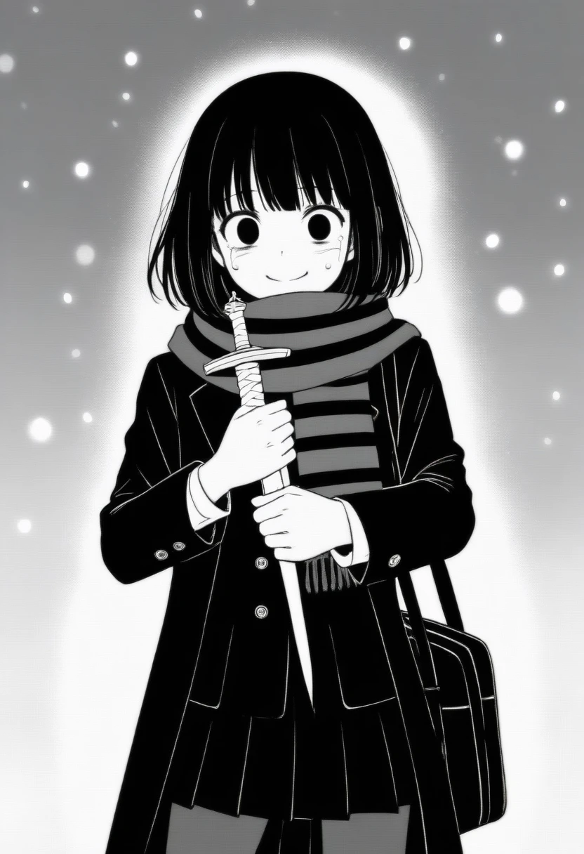 masterpiece, best quality, 1girl, mamerakkkkko, grayscale, manga style, japanese, chi no wadachi, black eyes, street, iced, black hair, schoolbag, smile, lineart, black coat, black scarf, black pleated skirt, leggings, centered, 18 years old, tall, fair skinned, bokeh background, crying, tears, tears streaming, bob cut, light particles, snowing, (((holding sword:1.1, perfect hand, detailed hand:1.1)), emotional anime scene