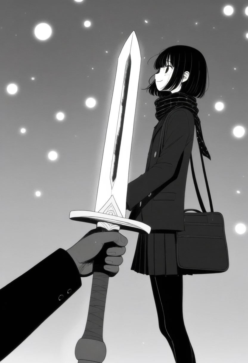 masterpiece, best quality, 1girl, mamerakkkkko, grayscale, manga style, japanese, chi no wadachi, black eyes, street, iced, black hair, schoolbag, smile, lineart, black coat, black scarf, black pleated skirt, leggings, centered, 18 years old, tall, fair skinned, bokeh background, crying, tears, tears streaming, bob cut, light particles, snowing, (((holding sword:1.1, perfect hand, detailed hand:1.1)), emotional anime scene