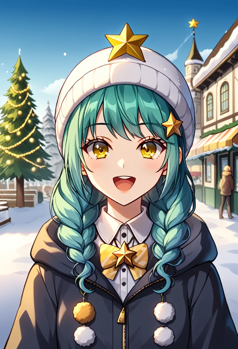 Girl with long dark turquoise hair, yellow eyes, yellow star pin in her head. Background: market at winter (rain)