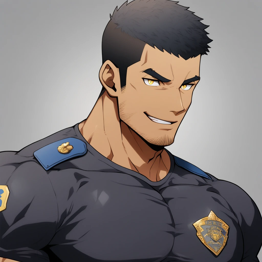 anime characters：Gyee, Muscular male police officer, negro black skin, Dark-skinned male police officer, Manliness, male focus, Tight-fitting police uniform, Wear a tight black T-shirt, Very tight, Round, full and perky chest muscles, Slightly transparent, muscular male, muscular, only, Upper body, alone, Black short hair, Thick eyebrows, stubble, Yellow eyes, Grey background, simple background, amazing quality, best aesthetics, Ridiculous, bright pupils, crew cut, parted lips, seductive smile, torogao, naughty face, best quality