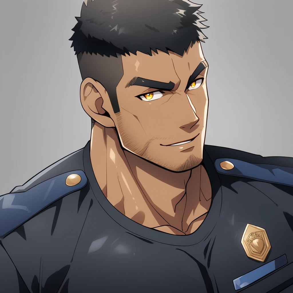 anime characters：Gyee, Muscular male police officer, negro black skin, Dark-skinned male police officer, Manliness, male focus, Tight-fitting police uniform, Wear a tight black T-shirt, Very tight, Round, full and perky chest muscles, Slightly transparent, muscular male, muscular, only, Upper body, alone, Black short hair, Thick eyebrows, stubble, Yellow eyes, Grey background, simple background, amazing quality, best aesthetics, Ridiculous, bright pupils, crew cut, parted lips, seductive smile, torogao, naughty face, best quality
