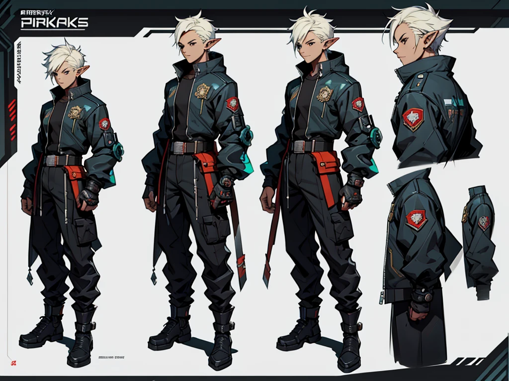 Close-up of a male elf in a cyberpunk suit, biracial, short hair with chaved sides, ((character concept art)), ((character design sheet, same character, front, side, back)) maple story character art, video game character design, video game character design, maple story elf, expert high detail concept art, concept art, gravity rush inspiration, sticky tar. Concept art, belt buckle at waist, cyberpunk sword