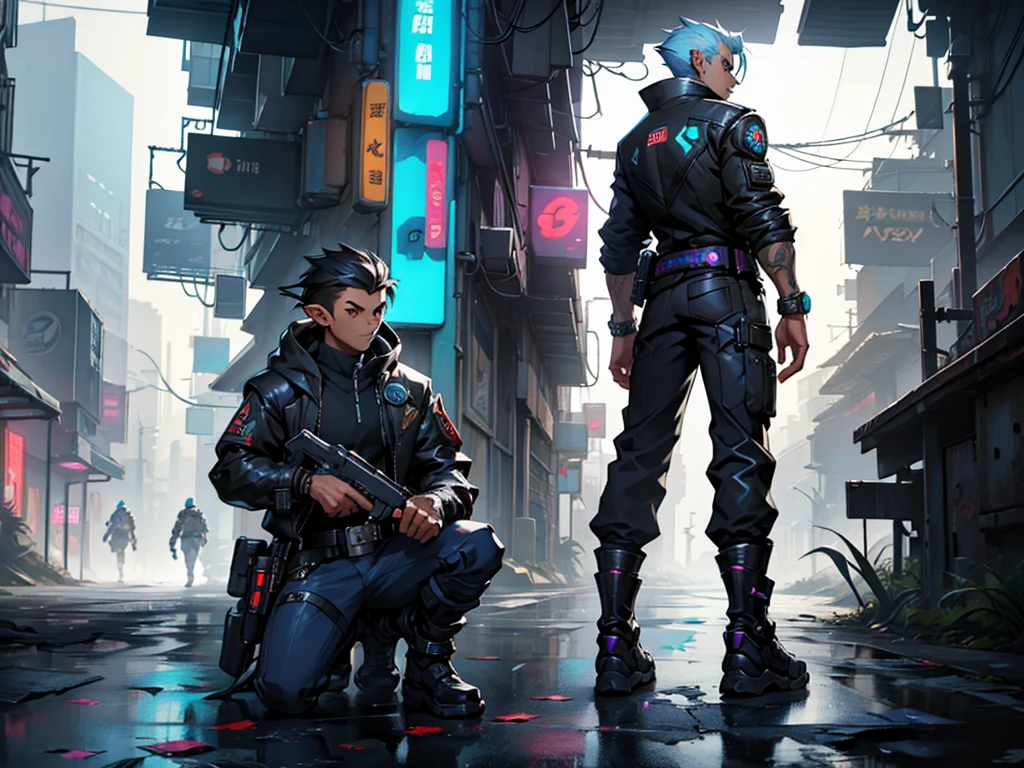 Close-up of a male elf in a cyberpunk suit, biracial, short hair with chaved sides, ((character concept art)), ((character design sheet, same character, front, side, back)) maple story character art, video game character design, video game character design, maple story elf, expert high detail concept art, concept art, gravity rush inspiration, sticky tar. Concept art, belt buckle at waist, cyberpunk sword