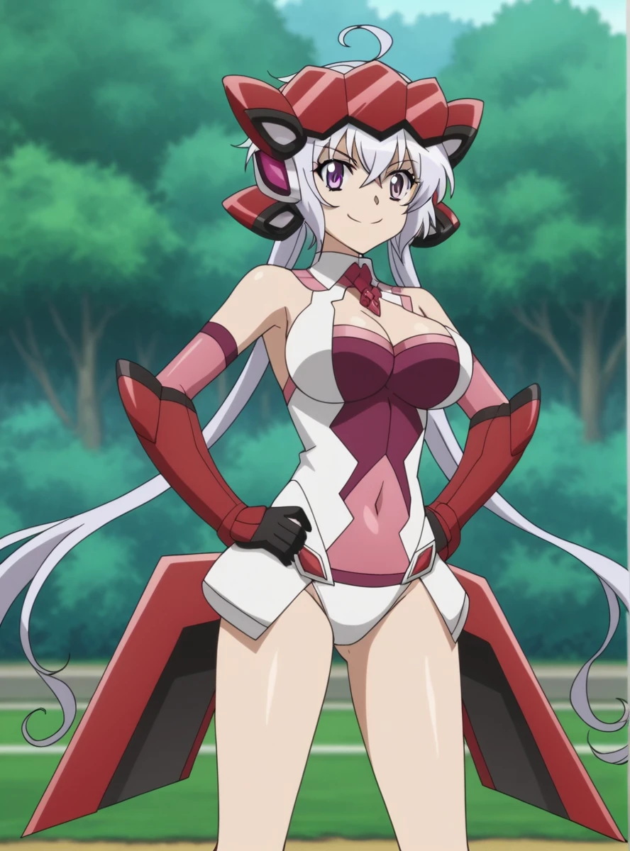 score_9, score_8_superior, score_7_superior, score_6_superior, score_5_superior, score_4_superior, Break Source_anime, masterpiece , anime screencap, anime_lineart anime coloring, Yukinecris, Long Hair, Purple eyes, Twin tails, Ahoge, Large Breasts, Knee socks, gloves, headgear, elbow gloves, leotard, Covered navel,Hands on hips, smile, Outdoor,