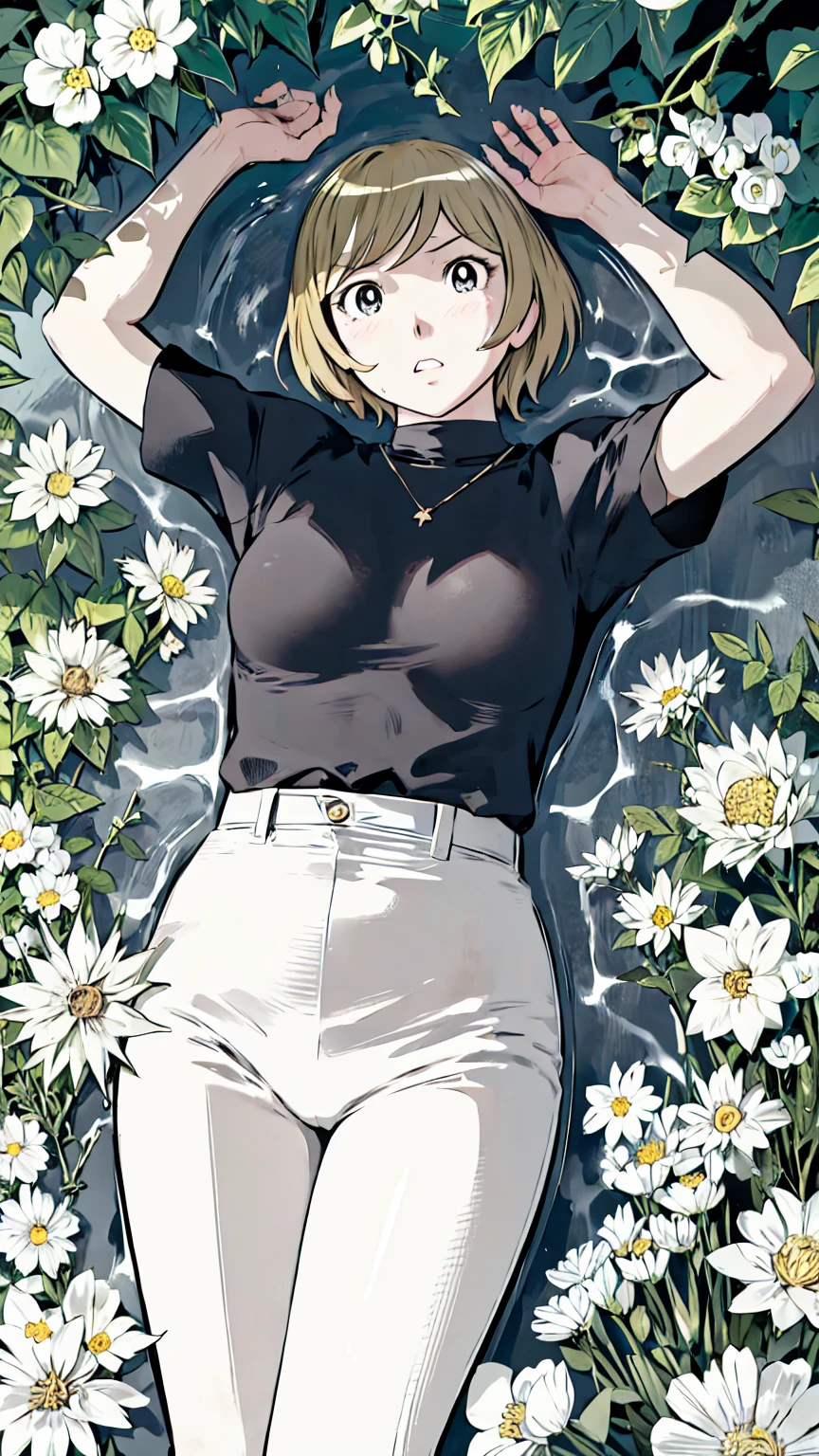、(masterpiece、Highest quality)、Highest quality, Ultra-high resolution, (((masterpiece))), alone, Sweat、Big eyes,Please raise your arms and show your armpits, No sleeve、Outdoor、Floral dress、Composition from the front、(Cut the back hair short、short hair、blonde、woman)、Shortcuts、Embarrassed face、Cut your hair short、可愛いwomanの子、Big Breasts