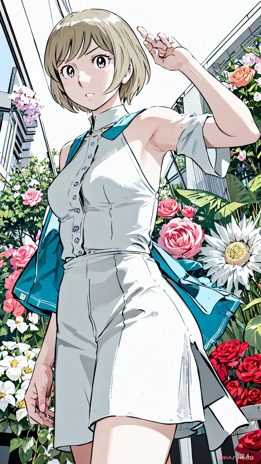 、(masterpiece、Highest quality)、Highest quality, Ultra-high resolution, (((masterpiece))), alone, Sweat、Big eyes,Please raise your arms and show your armpits, No sleeve、Outdoor、Floral dress、Composition from the front、(Cut the back hair short、short hair、blonde、woman)、Shortcuts、Embarrassed face、Cut your hair short、可愛いwomanの子、Big Breasts