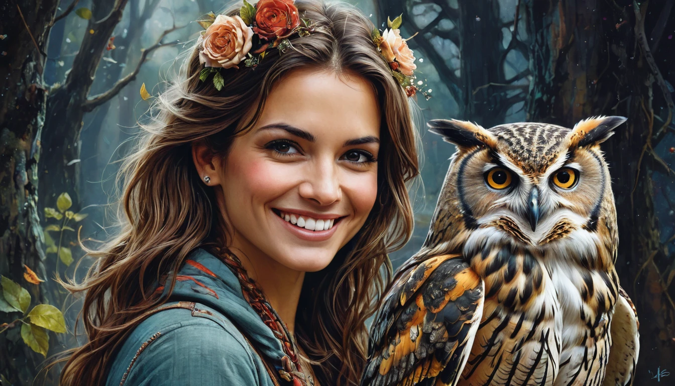 half body,
a woman smile with her best friend her owl,
dark complex background, style by Thomas Kinkade+David A. Hardy+Carne Griffiths+Mandy Disher half vivid colors fine art, best quality, high detailed, detailed faces, 2d,