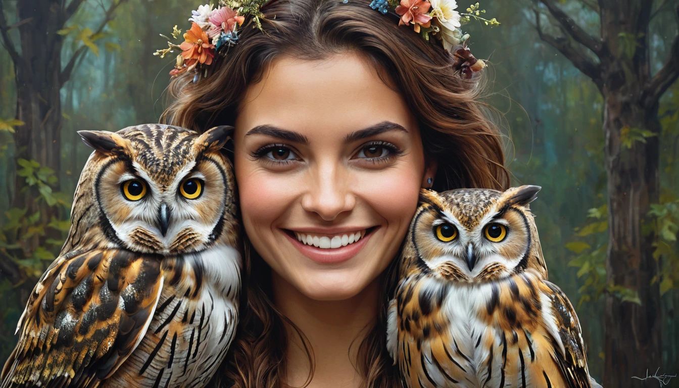 half body,
a woman smile with her best friend her owl,
dark complex background, style by Thomas Kinkade+David A. Hardy+Carne Griffiths+Mandy Disher half vivid colors fine art, best quality, high detailed, detailed faces, 2d,