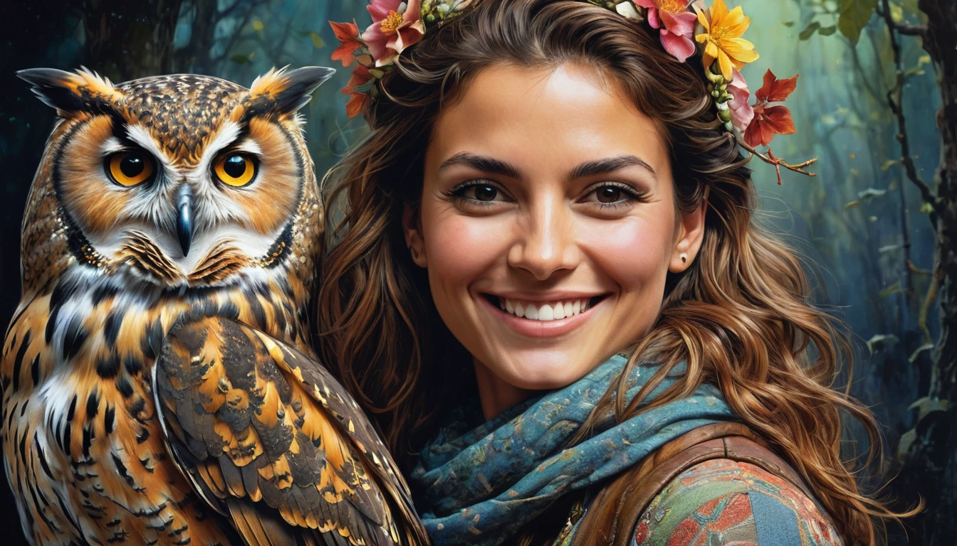 half body,
a woman smile with her best friend her owl,
dark complex background, style by Thomas Kinkade+David A. Hardy+Carne Griffiths+Mandy Disher half vivid colors fine art, best quality, high detailed, detailed faces, 2d,