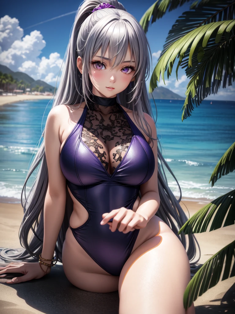 Beautiful girl, Anime Style, Detailed face, Gray Hair, Purple eyes, Wear a stylish swimsuit, Very detailed and vibrant, Relaxed background, Summer atmosphere, Beach or poolside, high quality, Very detailed, 8K resolution, Cinema Lighting, 最high quality, Vibrant colors, Instagrammable, beautiful, trend