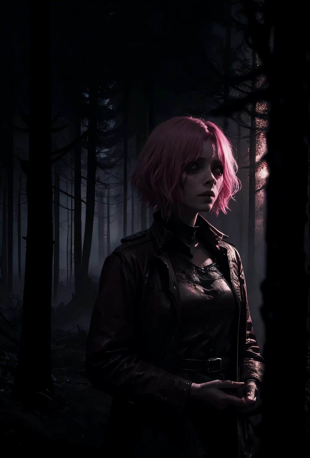 short-haired woman with dirty pink locks in the middle of a dense forest at night, portraite, dark scenery, horror style, nightmarish, macabre dinner, horror film, scared character, twisted and otherworldly forest, blood-stained character, moonless night, desolate and destroyed place, apocalypto