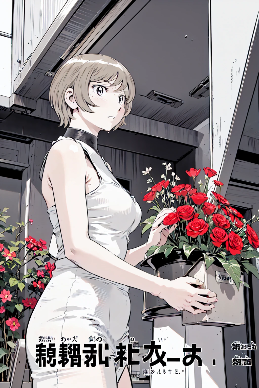 、(masterpiece、Highest quality)、Highest quality, Ultra-high resolution, (((masterpiece))), alone, Sweat、Big eyes, No sleeve、Outdoor、Floral dress、Composition from the front、（Cut the back hair short、short hair、blonde、woman）、Shortcuts、Embarrassed face、Cut your hair short、可愛いwomanの子、Big Breasts、NSFW