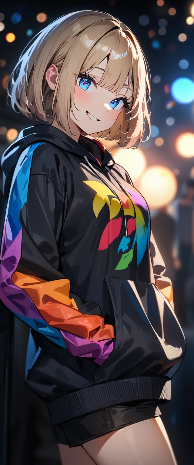 (((One girl))), Shibuya, blond hair, bob cut, ((face in focus)), (looking at viewer), breasts, ager, head tilt:1.3, (((blue eye))), constricted pupils, (from side), hand in pocket, ((happy smile)), black hoodie:1.3, black shorts:1.3, anime style, (best quality, 4k, 8k, highres, masterpiece:1.2, ultra-detailed, ultra-detailed eyes, HDR, UHD, studio lighting, ultra-fine painting, sharp focus, physically-based rendering, extreme detail description, professional, vivid colors, bokeh)