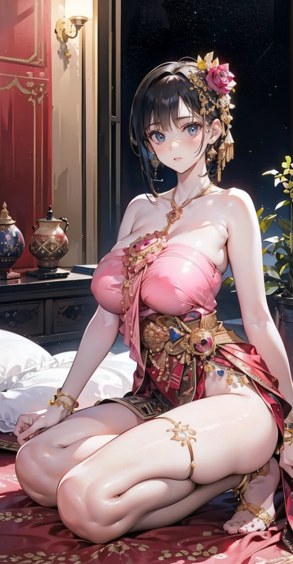 Group of 5 princesses,(5 young women,many young women), (in the bedroom), Various hair styles, harem, Wear a strapless Thai dress...,(very good,no panties) at night, detailed face,Complete breasts,fully, ((big breasts,Breast curtain,Partially naked)) short skirt, mule, Sleeveless , Show your armpits, at night, starry at night,(large areolae:1.4,pink,The nipples are clearly visible.....),((Various positions),(Look at the viewer.:1.5),milf, Highest quality、Highest picture quality、Masterpiece