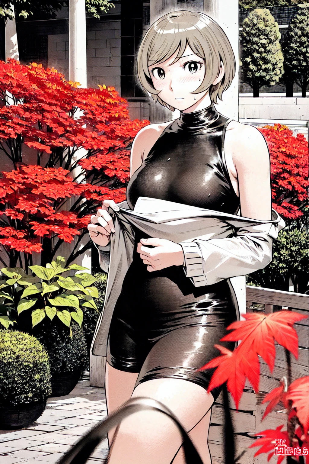 、(masterpiece、Highest quality)、Highest quality, Ultra-high resolution, (((masterpiece))), alone, Sweat、Big eyes, No sleeve、Outdoor、Floral dress、Composition from the front、(Cut the back hair short、short hair、blonde、woman)、Shortcuts、Embarrassed face、Cut your hair short、可愛いwomanの子、Big Breasts、NSFW