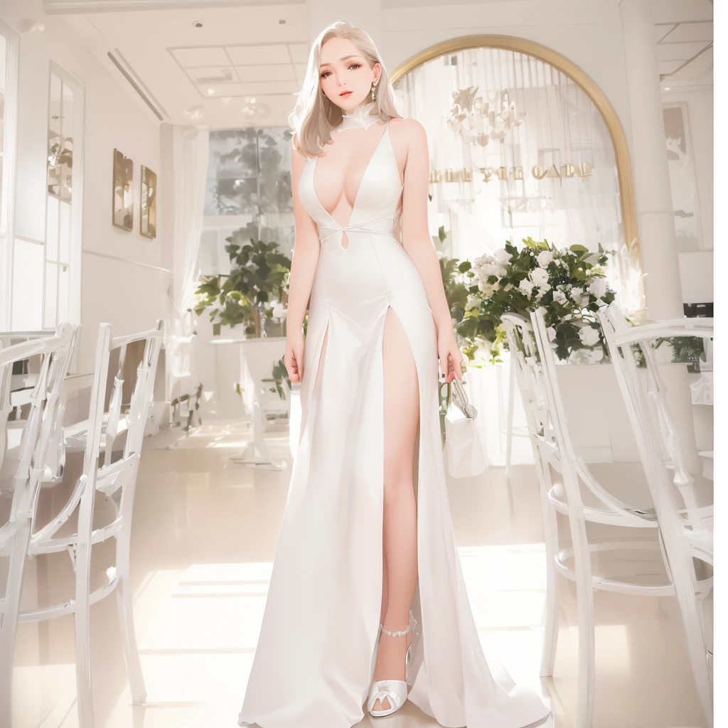 araffe woman in a white dress standing in a restaurant, white gown, sexy gown, long white dress, wearing long gown, full body white dress, in a long white dress, wearing white dress, elegant white dress, wearing a white flowing dress, wearing an evening gown, wearing an elegant dress, beautiful long white dress, wearing along white dress