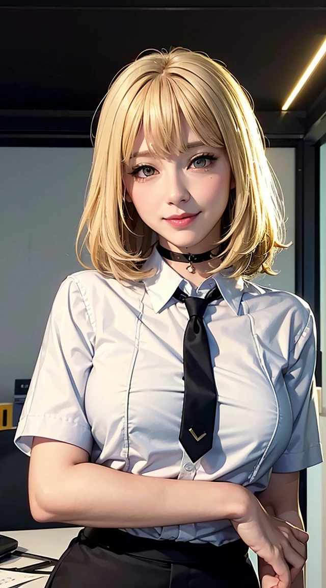 Browsing Caution, masterpiece, (Highest quality:1.2), (Sharp focus:1.2),, 1 Girl, Slim girl,, (blonde|Light_Yellow Hair), Cat ear,, Detailed face, young|Cute face, blush, Wicked Smile,, Natural Breasts, Thin arms,, White collared shirt and black tie, Black Choker,, In a modern office, indoor