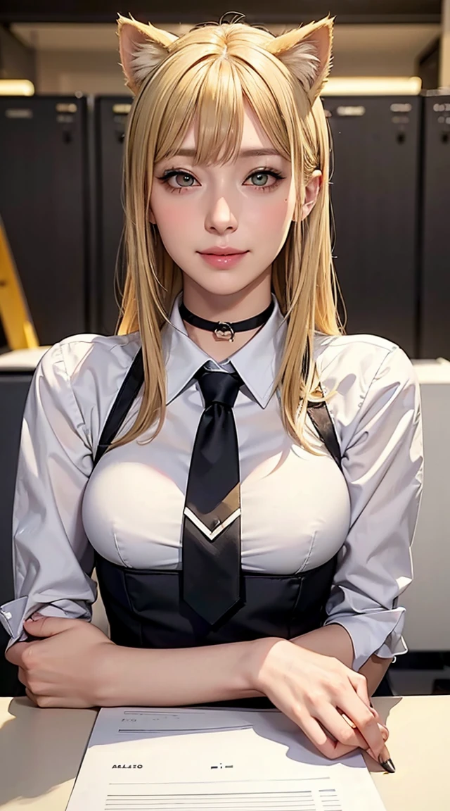 Browsing Caution, masterpiece, (Highest quality:1.2), (Sharp focus:1.2),, 1 Girl, Slim girl,, (blonde|Light_Yellow Hair), Cat ear,, Detailed face, young|Cute face, blush, Wicked Smile,, Natural Breasts, Thin arms,, White collared shirt and black tie, Black Choker,, In a modern office, indoor