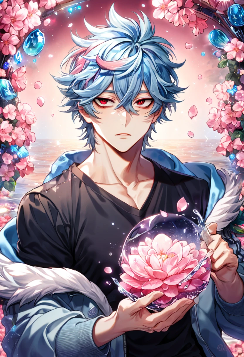 absurdres, highres, ultra detailed, HDR, master piece, best quality, Kuro, light-blue hair, messy hair, expressive red eyes, black bags under the eyes, Servamp, solo, sexy man, handsome, light blue hooded jacket with fur, black T-shirt, water, fantasy, shining, pink flowers, pink blossoms, pink petals, magical