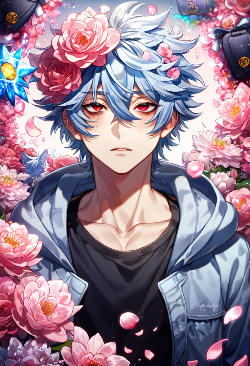 absurdres, highres, ultra detailed, HDR, master piece, best quality, Kuro, light-blue hair, messy hair, expressive red eyes, black bags under the eyes, Servamp, solo, sexy man, handsome, light blue hooded jacket with fur, black T-shirt, water, fantasy, shining, pink flowers, pink blossoms, pink petals, magical