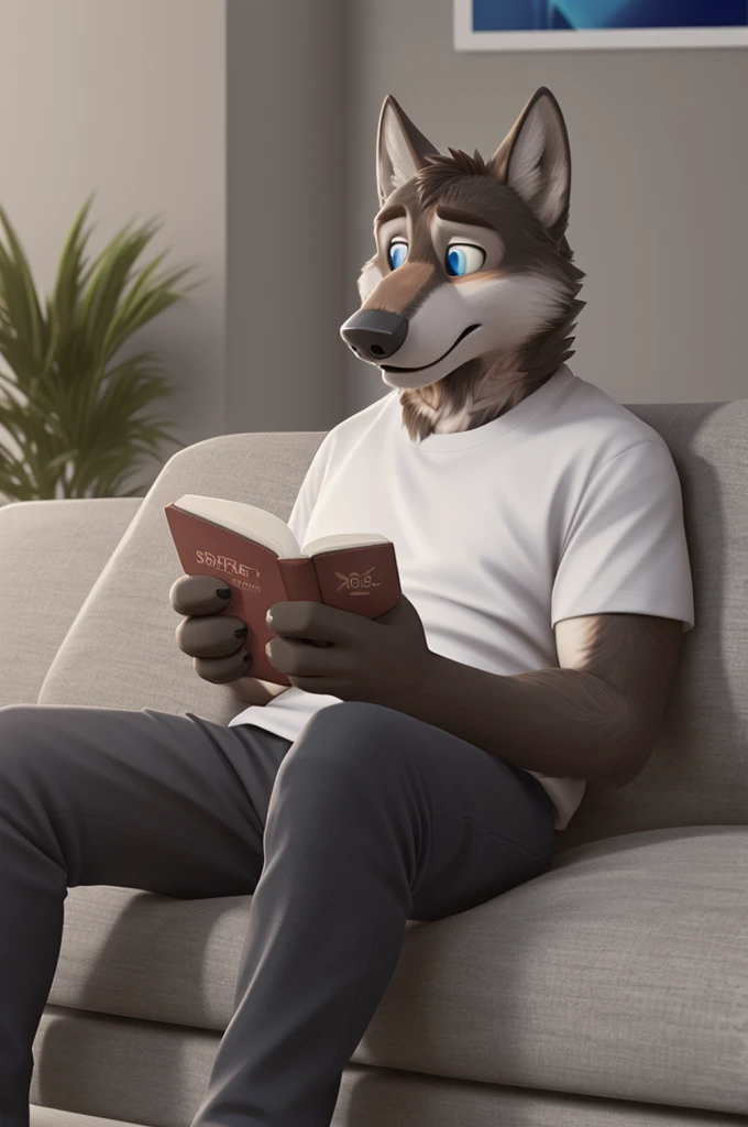 Larry (Zveropolis), wolf, Gray Fur, (brown body:1.3), Blue eyes, Zveropolis, dressed, t-shirt, pants,women&#39;s thick-soled sandals,canine, wolf, detailed fur, male, antro, paw pads, finger claws, waving, waving at viewer, 5 fingers, paws, 4 toes,
BREAK from nextel, for dating, by xenoforge, (difficult, high detail, film photography, soft focus, RAW explicit cinema,sitting on the couch at home, apartment, Reading a book, 
Photorealism, realistic, photorealistic, digital style, Subsurface scattering,
masterpiece, Best quality, ultra realistic, 8 k)
