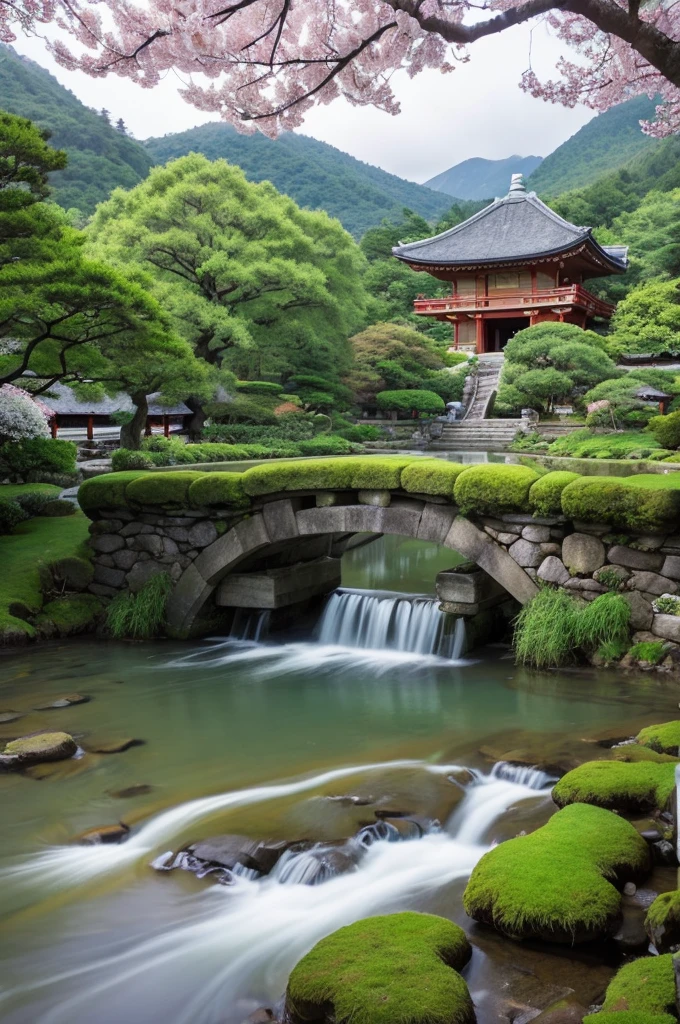 ---
**Prompt:**
Please describe a Studio Ghibli-inspired, enchanting, and heart-wrenching landscape based on the following setting:
1. **Setting**: An old Japanese village surrounded by beautiful nature. The village features moss-covered stone bridges, bamboo groves, and a flowing stream, with flowers blooming throughout the seasons.
2. **Time of day**: Dusk. The sky transitions from orange to purple, and the soft light envelops the scenery.
**Details**:
- In the background, there is a large cherry blossom tree with petals dancing in the wind.
- An ancient shrine with a moss-covered torii gate stands nearby.
- The gentle sound of the stream and the wind can be heard.
- In the distance, mountains are visible with a light mist covering their peaks.
Based on this prompt, please describe a Studio Ghibli-inspired, enchanting, and heart-wrenching landscape.
---
This prompt should help you create a vivid, Ghibli-like scene.