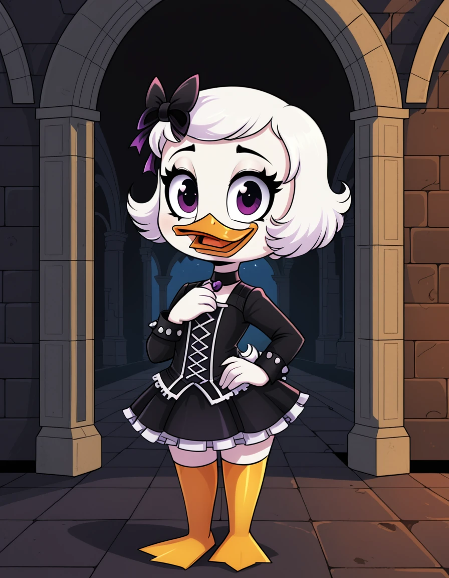 score_9, score_8_up, score_7_up, (webby vanderquack:1.3), is a (((cute))) goth duck living in a gothic castle who is so cute that you just want to squish her, hd, gothicstyle, White hair, solo