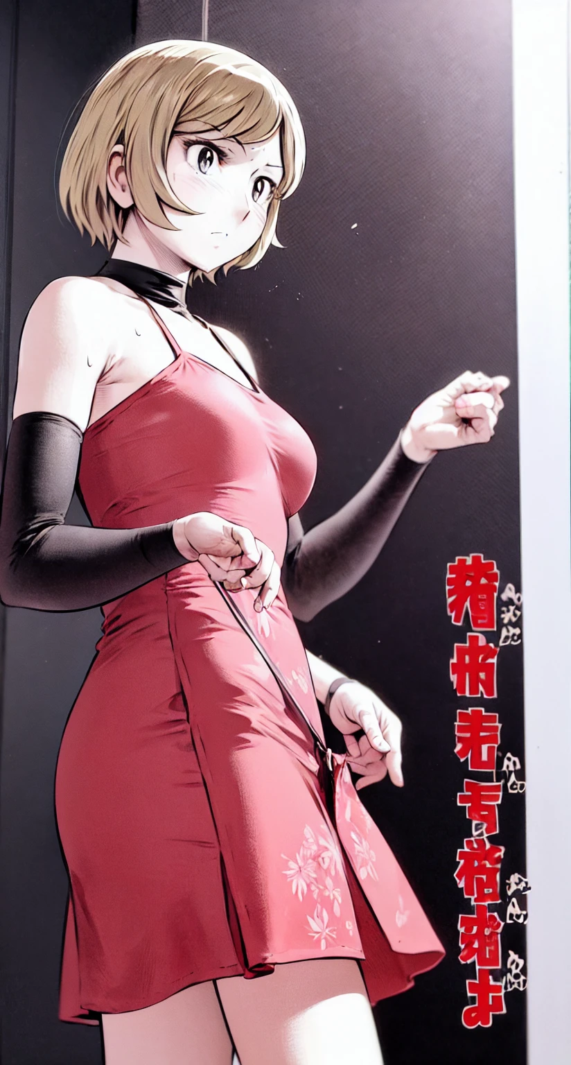 、(masterpiece、Highest quality)、Highest quality, Ultra-high resolution, (((masterpiece))), alone, Sweat、Big eyes, Please show me your armpits, No sleeve、Inside the room、Floral dress、Composition from the front、(Cut the back hair short、short hair、blonde、woman)、Shortcuts、Embarrassed face、Cut your hair short、可愛いwomanの子、Big Breasts