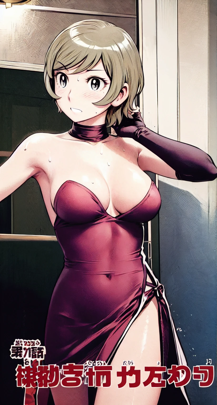 、(masterpiece、Highest quality)、Highest quality, Ultra-high resolution, (((masterpiece))), alone, Sweat、Big eyes, Please show me your armpits, No sleeve、Inside the room、Floral dress、Composition from the front、(Cut the back hair short、short hair、blonde、woman)、Shortcuts、Embarrassed face、Cut your hair short、可愛いwomanの子、Big Breasts