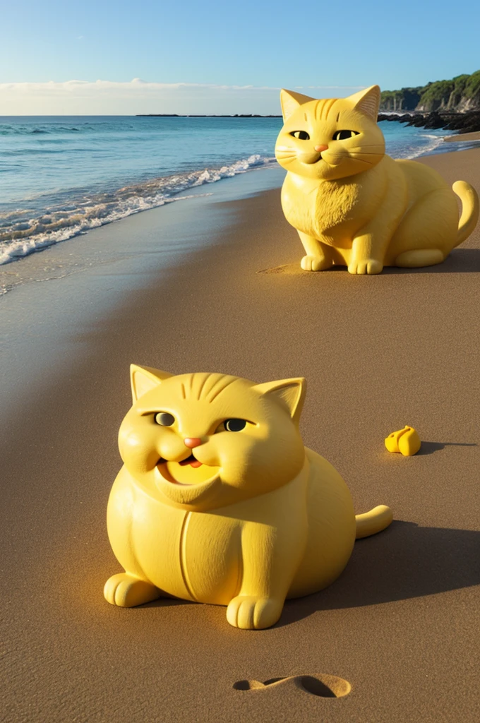 Yellow fat cat eating mac Donald with his yellow fat cat father on the beach