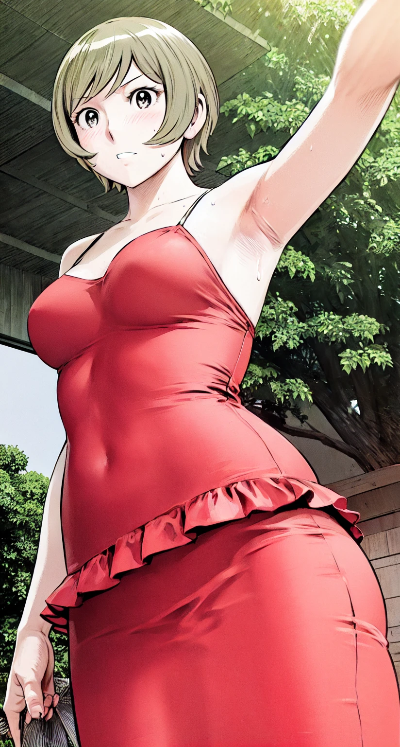 、(masterpiece、Highest quality)、Highest quality, Ultra-high resolution, (((masterpiece))), alone, Sweat、Big eyes, Please show me your armpits, No sleeve、Outdoor、Floral dress、Composition from the front、(Cut the back hair short、short hair、blonde、woman)、Shortcuts、Embarrassed face、Cut your hair short、可愛いwomanの子、Big Breasts