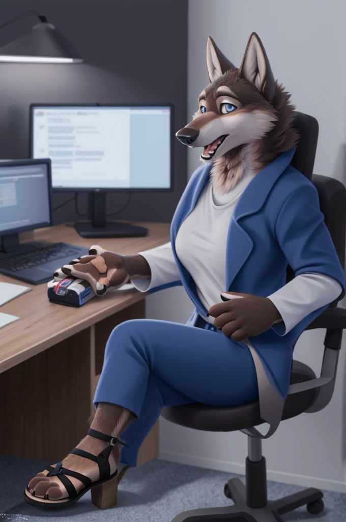 Emilia (Zveropolis), wolf, Gray Fur, (brown body:1.3), Blue eyes, Zveropolis, dressed,blue jacket,shirt,blue pants,red,takes off heeled sandals, ,female breast,canine, Wolf, Detailed fur, Female, antro, paw pads, finger claws, At the viewer, 5 fingers, paws, 5 fingers,sitting in office working,mood,open mouth, flash cameras, loves,pink heeled sandals, 
BREAK from nextel, for dating, by xenoforge, (difficult, high detail, film photography, soft focus, RAW, fluororealism, realistic, photorealistic, analog style, Subsurface scattering,hesitates to wear sandals with heels, 
masterpiece, Best quality, ultra realistic, 8 k)