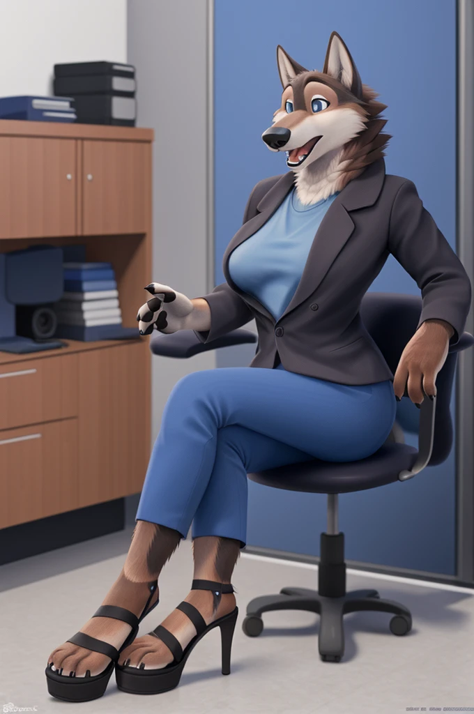 Emilia (Zveropolis), wolf, Gray Fur, (brown body:1.3), Blue eyes, Zveropolis, dressed,blue jacket,shirt,blue pants,red,takes off heeled sandals, ,female breast,canine, Wolf, Detailed fur, Female, antro, paw pads, finger claws, At the viewer, 5 fingers, paws, 5 fingers,sitting in office working,mood,open mouth, flash cameras, loves,pink heeled sandals, 
BREAK from nextel, for dating, by xenoforge, (difficult, high detail, film photography, soft focus, RAW, fluororealism, realistic, photorealistic, analog style, Subsurface scattering,hesitates to wear sandals with heels, 
masterpiece, Best quality, ultra realistic, 8 k)