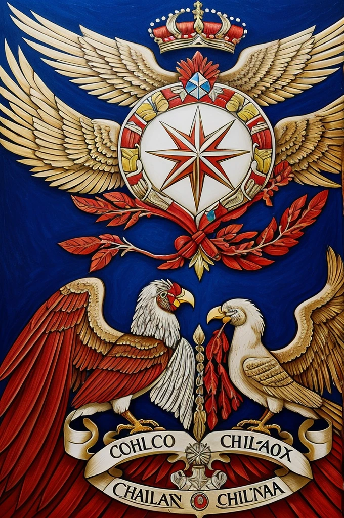 Draw an artistic representation of the national coat of arms of Chile, but with real people embodying the elements of the emblem. It shows a strong man dressed as a huemul, with a crown of feathers and a shield on his chest, and an elegant woman representing the figure of the condor, with outstretched wings and a majestic headdress. Also includes the white star in the center and the red colors, White and blue. Make sure the background includes Chilean natural elements like mountains, valleys and the sea, to highlight the richness of the Chilean landscape."