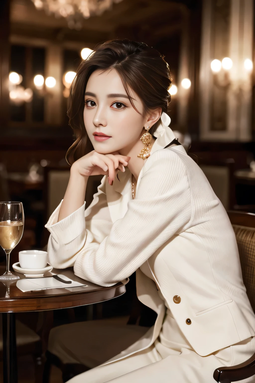 masterpiece, Highest quality, Realistic, Very detailed, Finer details, High resolution, 8k wallpaper, One beautiful woman, Wear a nice suit, In a great restaurant, At night, Light brown messy hair, Perfect dynamic composition, Beautiful and beautiful eyes、Big earrings、Sit on a chair