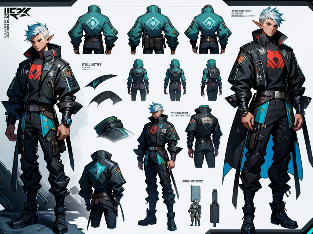 Close-up of a male elf in a cyberpunk suit, biracial, short hair with chaved sides, ((character concept art)), ((character design sheet, same character, front, side, back)) maple story character art, video game character design, video game character design, maple story elf, expert high detail concept art, concept art, gravity rush inspiration, sticky tar. Concept art, belt buckle at waist, cyberpunk sword