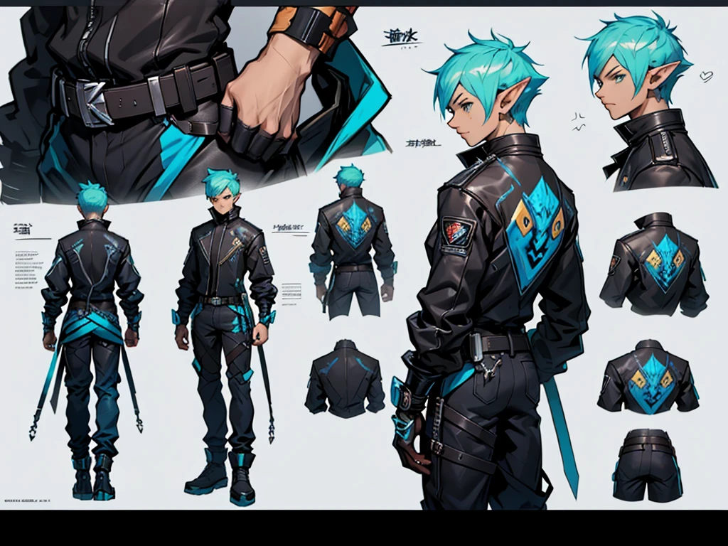 Close-up of a male elf in a cyberpunk suit, biracial, short hair with chaved sides, ((character concept art)), ((character design sheet, same character, front, side, back)) maple story character art, video game character design, video game character design, maple story elf, expert high detail concept art, concept art, gravity rush inspiration, sticky tar. Concept art, belt buckle at waist, cyberpunk sword
