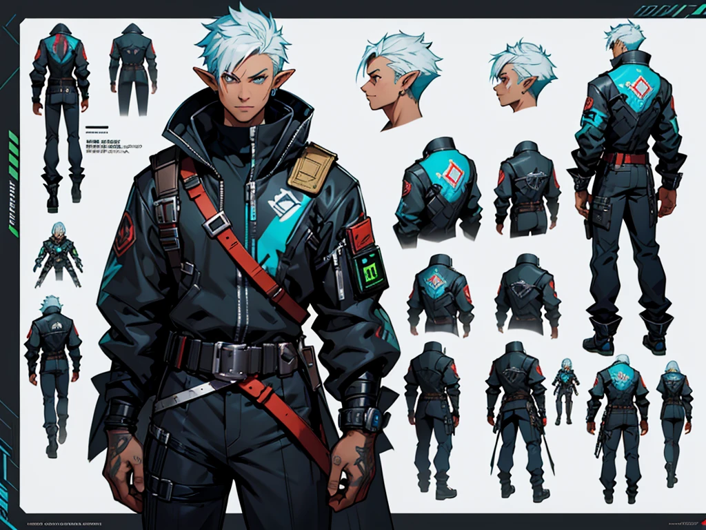 Close-up of a male elf in a cyberpunk suit, biracial, short hair with chaved sides, ((character concept art)), ((character design sheet, same character, front, side, back)) maple story character art, video game character design, video game character design, maple story elf, expert high detail concept art, concept art, gravity rush inspiration, sticky tar. Concept art, belt buckle at waist, cyberpunk sword