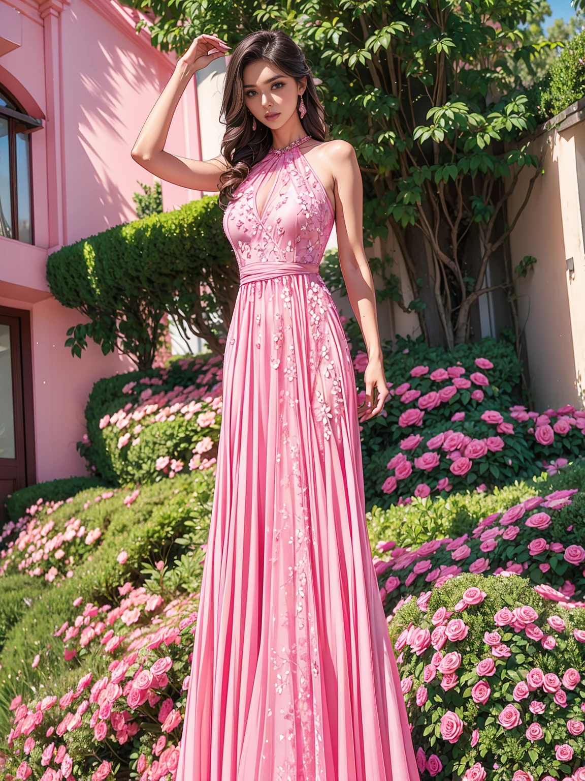 araffe woman in a pink dress posing for a picture, dressed in a pink dress, pink dress, wearing a pink dress, sexy dress, sexy gown, opened dress, long dress, low cut dress, cindy avelino, wearing a long dress, in a dress, wearing an elegant dress, wearing long gown, flowing dress, wearing pink floral gown