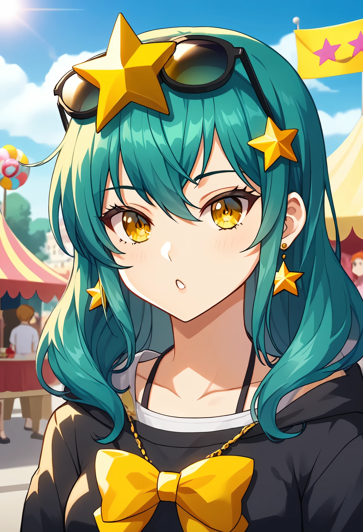 Girl with long dark turquoise hair, yellow eyes, yellow star pin in her head. Background: market