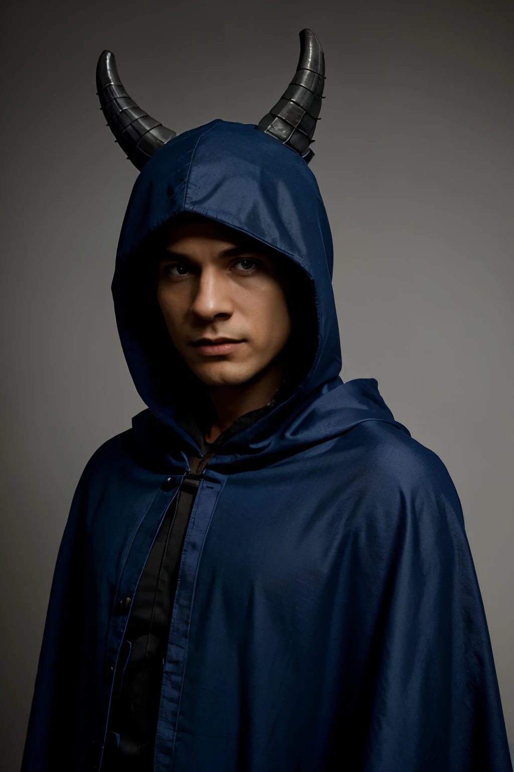 Blue Dragonborn, has a cloak with hood